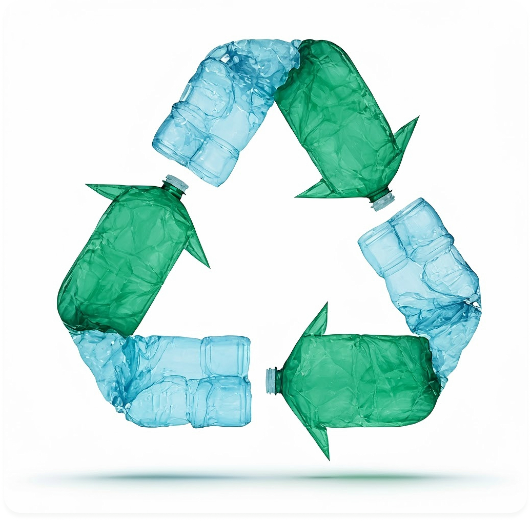 Recycling symbol formed from blue and green plastic bottles